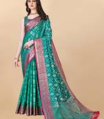 Turquoise Woven Katan Silk Blend Saree With Blouse