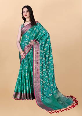 Turquoise Woven Katan Silk Blend Saree With Blouse 2