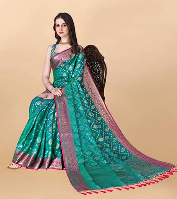 Turquoise Woven Katan Silk Blend Saree With Blouse 3