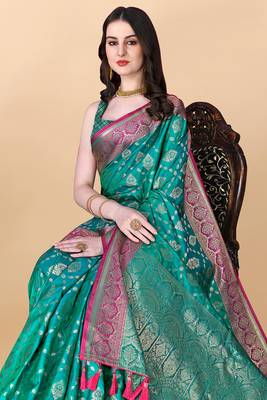 Turquoise Woven Katan Silk Blend Saree With Blouse 4