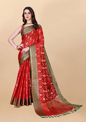 Red Woven Katan Silk Blend Saree With Blouse 1