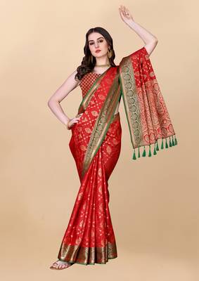 Red Woven Katan Silk Blend Saree With Blouse 2