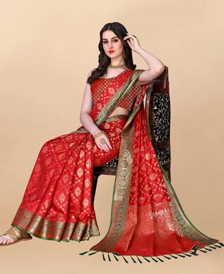 Red Woven Katan Silk Blend Saree With Blouse 3