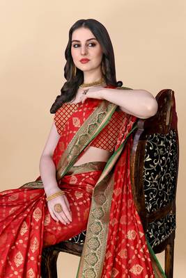 Red Woven Katan Silk Blend Saree With Blouse 4