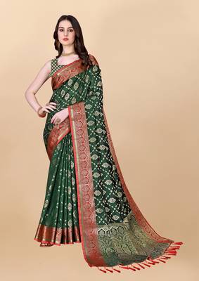 Green Woven Katan Silk Blend Saree With Blouse 1