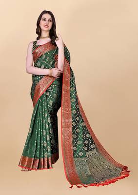 Green Woven Katan Silk Blend Saree With Blouse 2
