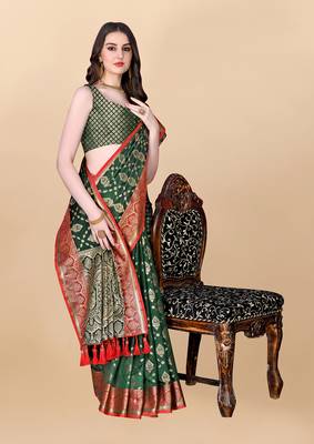 Green Woven Katan Silk Blend Saree With Blouse 3
