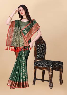 Green Woven Katan Silk Blend Saree With Blouse 4
