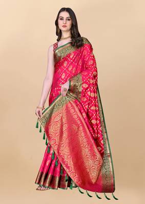Pink Woven Katan Silk Blend Saree With Blouse 2
