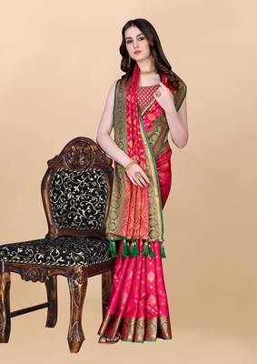 Pink Woven Katan Silk Blend Saree With Blouse 3