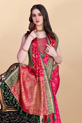 Pink Woven Katan Silk Blend Saree With Blouse 4