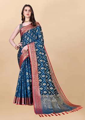 Blue Woven Katan Silk Blend Saree With Blouse 1