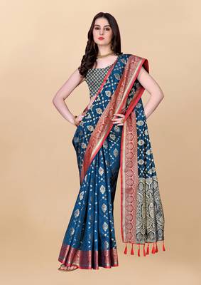 Blue Woven Katan Silk Blend Saree With Blouse 3