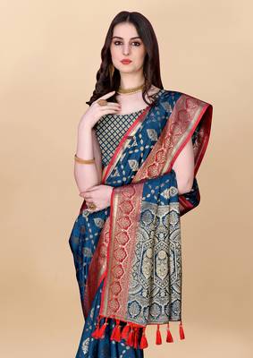 Blue Woven Katan Silk Blend Saree With Blouse 4