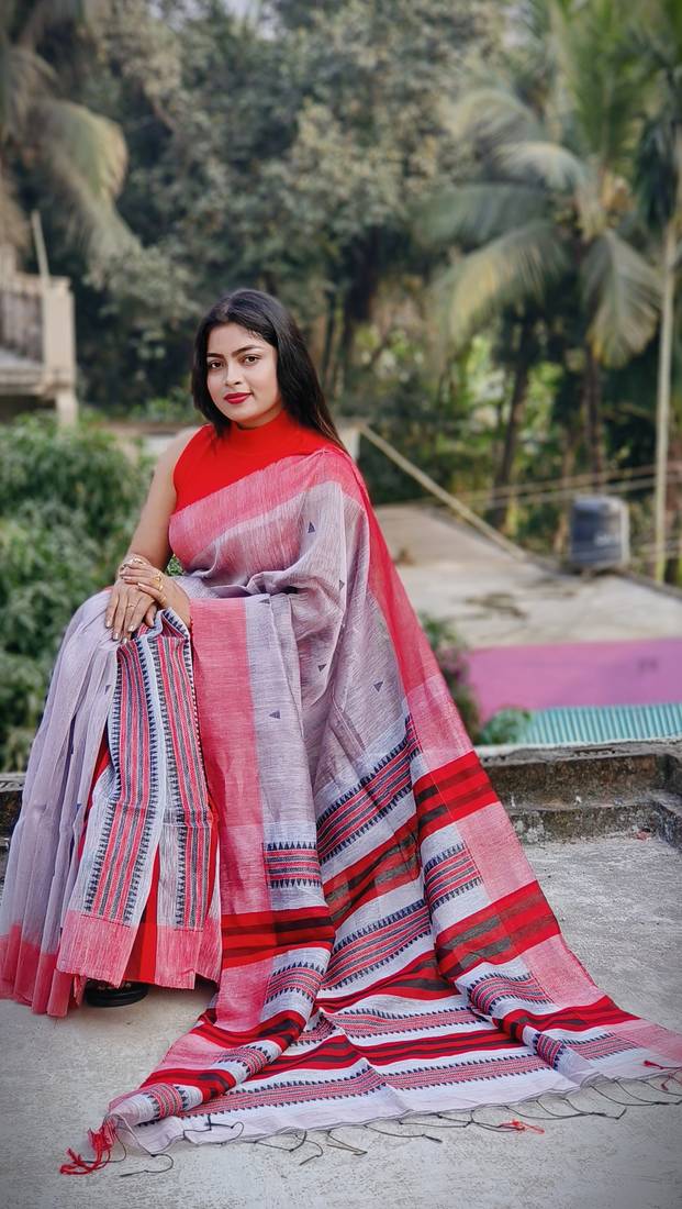 Grey woven linen saree with blouse