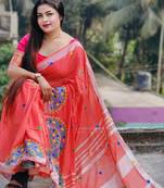 Red woven linen saree with blouse