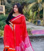 Red woven linen saree with blouse