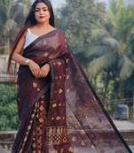 Brown woven linen saree with blouse