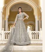 DESIGNER GREY WEDDING PARTY WEAR ANARKALI SALWAR SUIT IN NET FABRIC WITH SATIN INNER EMBROIDERY STONEWORK SEMI STITCHED