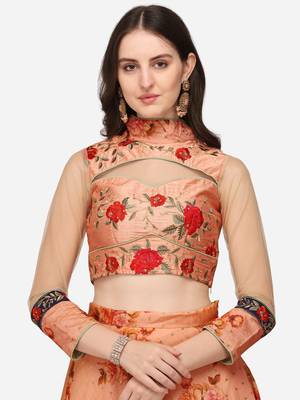 Peach embroidered art silk semi stitched lehenga 2