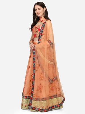 Peach embroidered art silk semi stitched lehenga 3