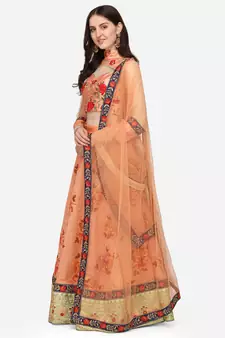 Peach embroidered art silk semi stitched lehenga