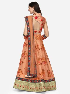 Peach embroidered art silk semi stitched lehenga 4