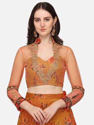 Mustard embroidered art silk semi stitched lehenga 2