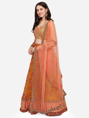Mustard embroidered art silk semi stitched lehenga 3