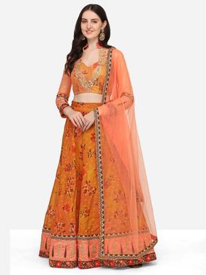 Mustard embroidered art silk semi stitched lehenga 1