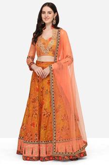 Mustard embroidered art silk semi stitched lehenga