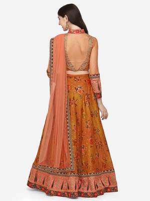 Mustard embroidered art silk semi stitched lehenga 4