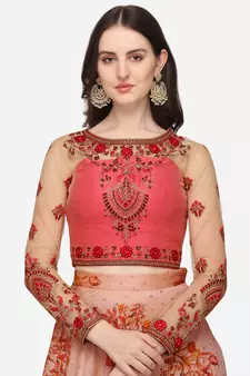 Pink embroidered art silk semi stitched lehenga