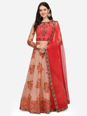 Pink embroidered art silk semi stitched lehenga 1