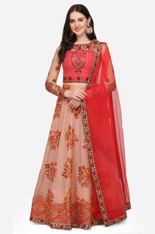 Pink embroidered art silk semi stitched lehenga
