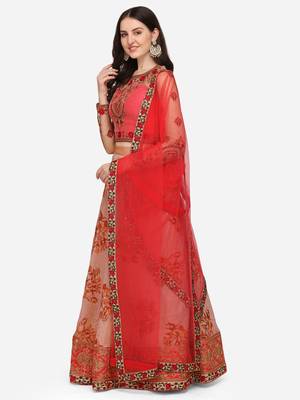 Pink embroidered art silk semi stitched lehenga 3
