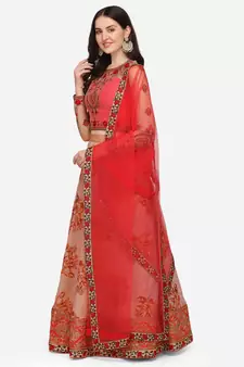 Pink embroidered art silk semi stitched lehenga