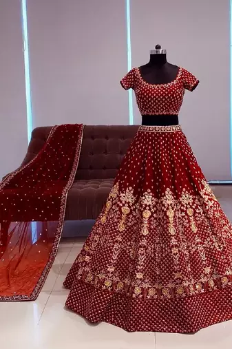 Maroon Sequins And Dori Embroidered Taffeta Satin Silk Semi Stitched Lehenga Choli For Wedding