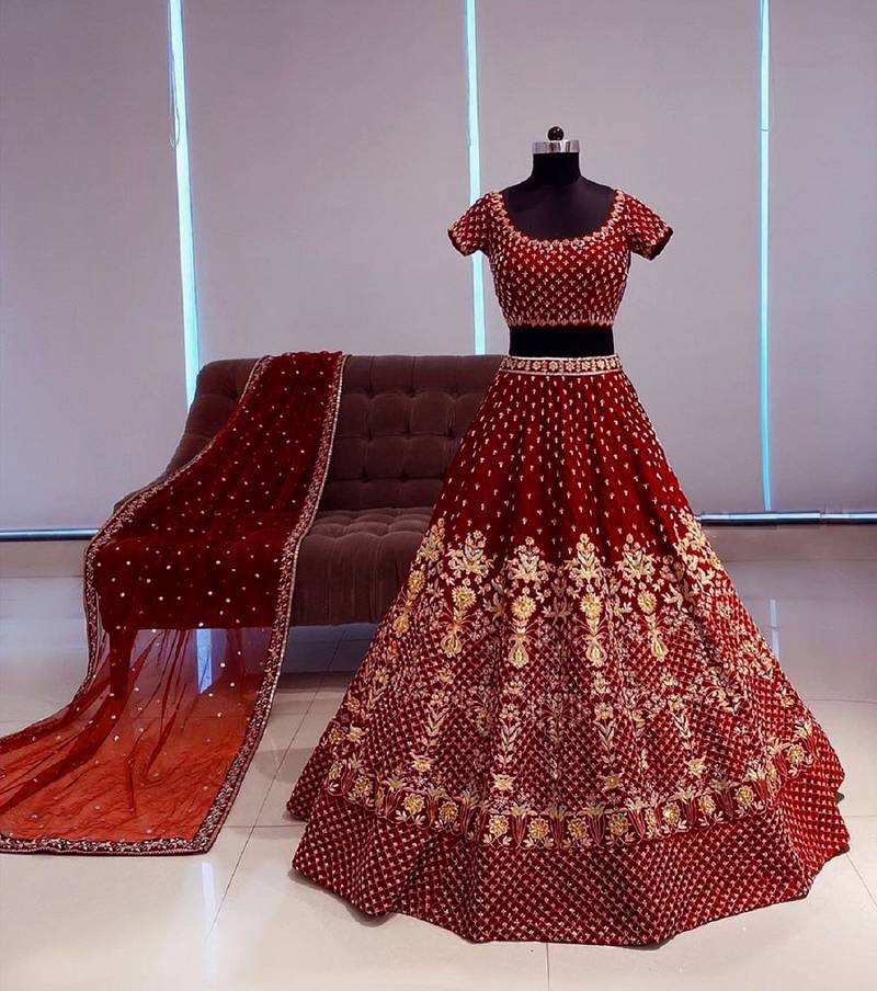 Maroon Sequins And Dori Embroidered Taffeta Satin Silk Semi Stitched Lehenga Choli For Wedding