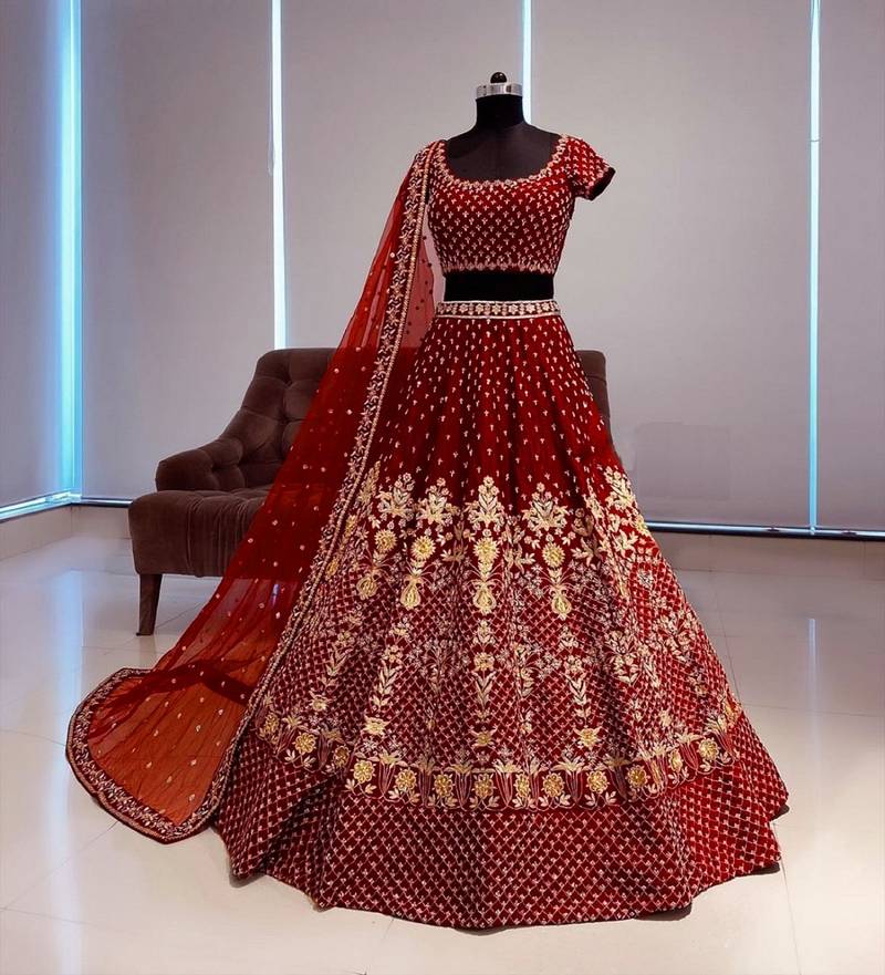 Maroon Sequins And Dori Embroidered Taffeta Satin Silk Semi Stitched Lehenga Choli For Wedding