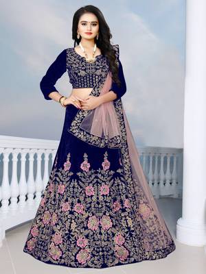 Navy Blue  Colour Embroidered Attractive Party Wear Velvet Lehenga choli  1