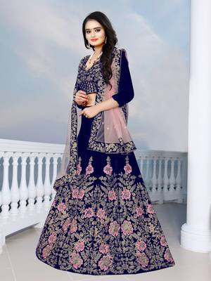 Navy Blue  Colour Embroidered Attractive Party Wear Velvet Lehenga choli  2