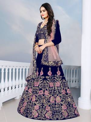 Navy Blue  Colour Embroidered Attractive Party Wear Velvet Lehenga choli  3