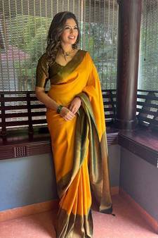 Lemon Yellow color modal Silk With Silver Zari Weaving Sari With Matching Blouse