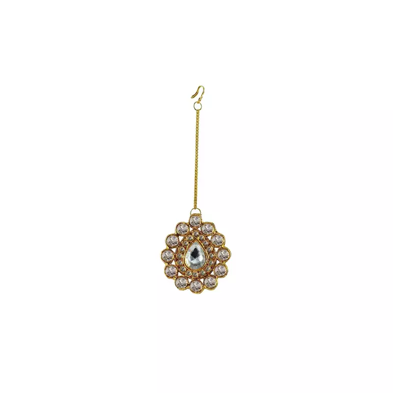 Brass Gold Platted  White Stone Studded  Maang Tikka