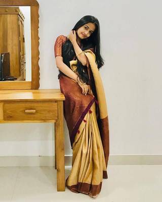 Lemon Yellow & Maroon  Silk With Copper Zari Weaving Sari With Matching Blouse 1