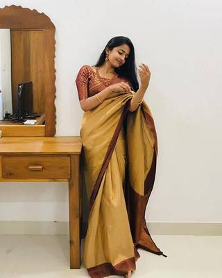 Lemon Yellow & Maroon  Silk With Copper Zari Weaving Sari With Matching Blouse 2