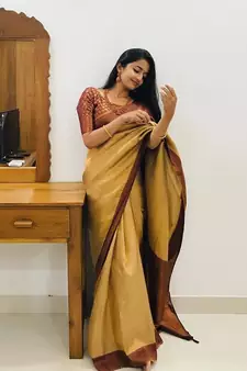 Lemon Yellow & Maroon  Silk With Copper Zari Weaving Sari With Matching Blouse
