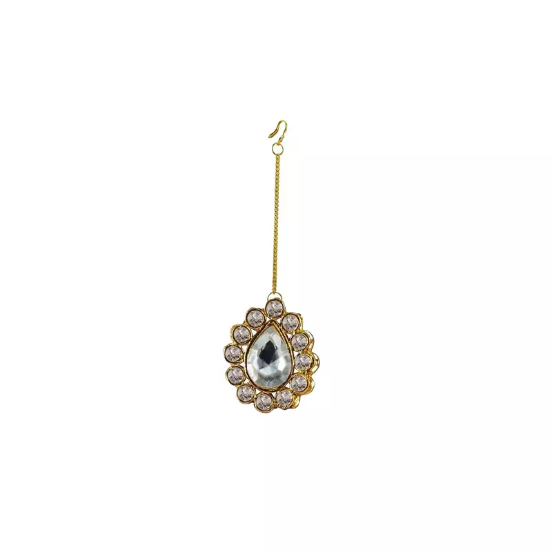 Brass Gold Platted  White Stone Studded  Maang Tikka