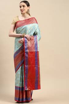 Light Blue Woven Banarasi Saree With Blouse